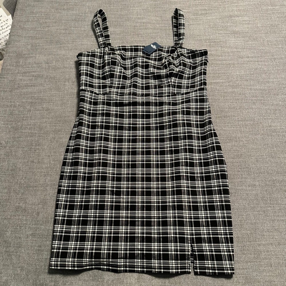 Hollister Plaid Mini Dress Womens XL Long Black White NEW Advanced Stretch Slit